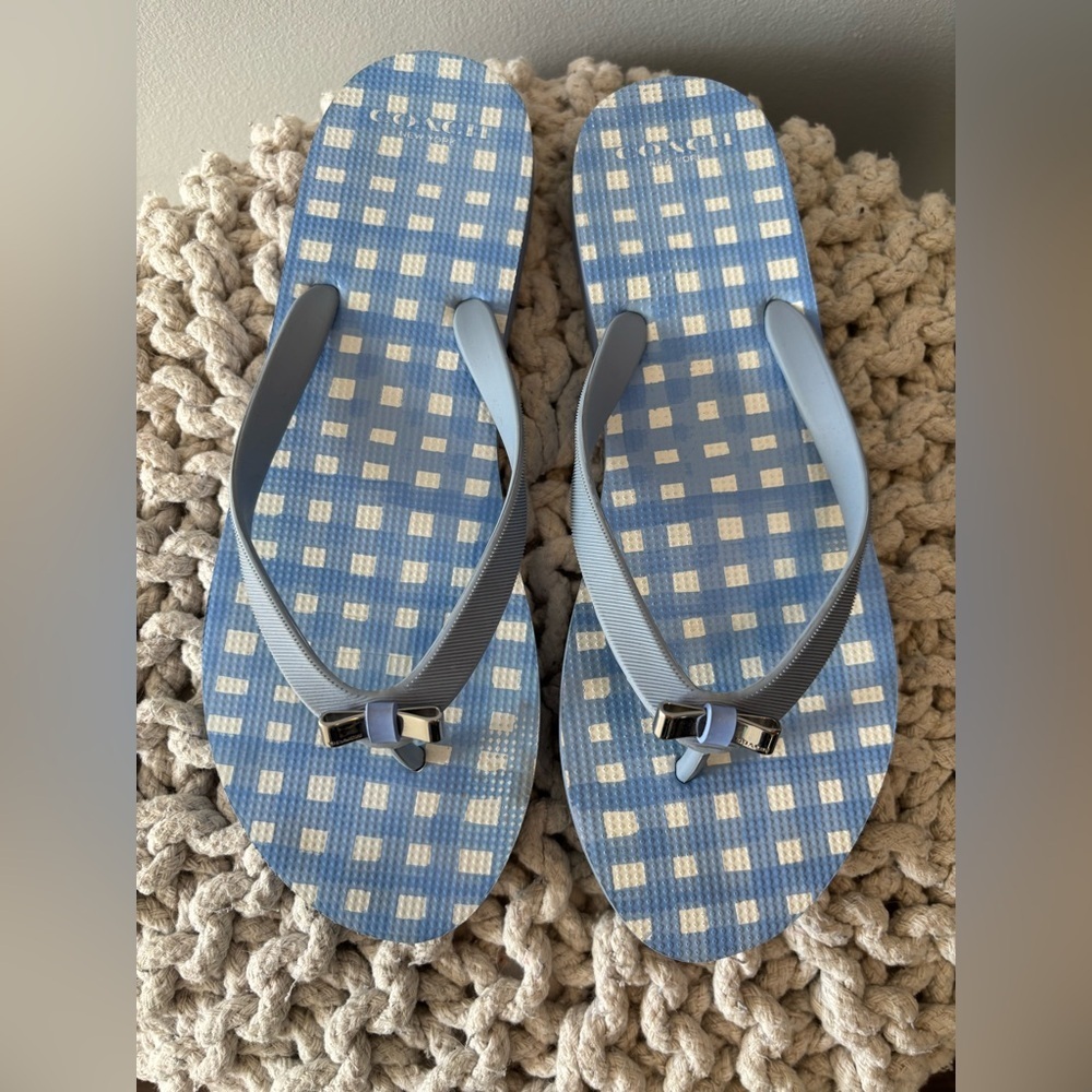 COACH Amel Sandal Women's Size 9-10 Thong Jelly Flip Flop Blue White Plaid Slide